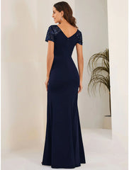 Mermaid / Trumpet Wedding Guest Dresses Elegant Dress Formal Floor Length Short Sleeve V Neck  Fabric with Crystals Slit