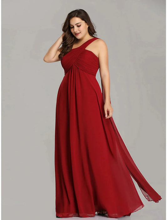A-Line Evening Gown Empire Dress Formal Evening Floor Length Sleeveless One Shoulder Bridesmaid Dress Chiffon Backless with Pleats Draping by YiHuiw