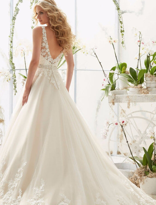 Engagement Open Back Sexy Formal Wedding Dresses A-Line V Neck Sleeveless Court Train Lace Bridal Gowns With Summer Wedding Party, Women's Clothing by YiHuiw