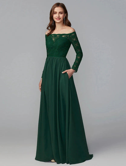 A-Line Bridesmaid Dress Off Shoulder Long Sleeve Elegant Floor Length Chiffon / Lace with Lace by YiHuiw