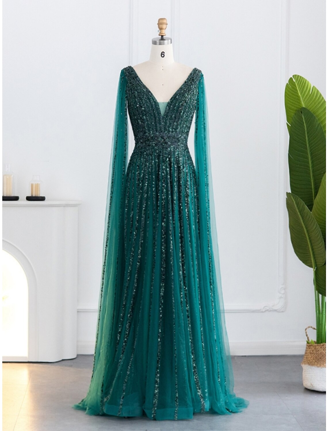 A-Line Evening Gown Sparkle & Shine Dress Formal Fall Sweep / Brush Train Long Sleeve V Neck Sequined with Glitter Pleats by YiHuiw