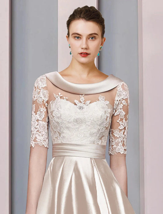 A-Line Mother of the Bride Dress Wedding Guest Elegant High Low Scoop Neck Asymmetrical Tea Length Satin Lace Half Sleeve with Appliques by YiHuiw