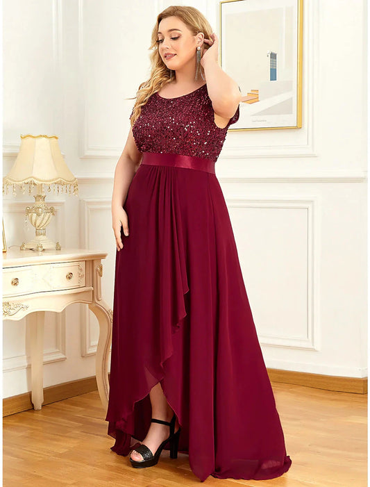A-Line Plus Size Elegant Homecoming Formal Evening Dress Jewel Neck Short Sleeve Asymmetrical Chiffon with Sequin by YiHuiw