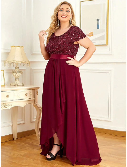 A-Line Plus Size Elegant Homecoming Formal Evening Dress Jewel Neck Short Sleeve Asymmetrical Chiffon with Sequin by YiHuiw