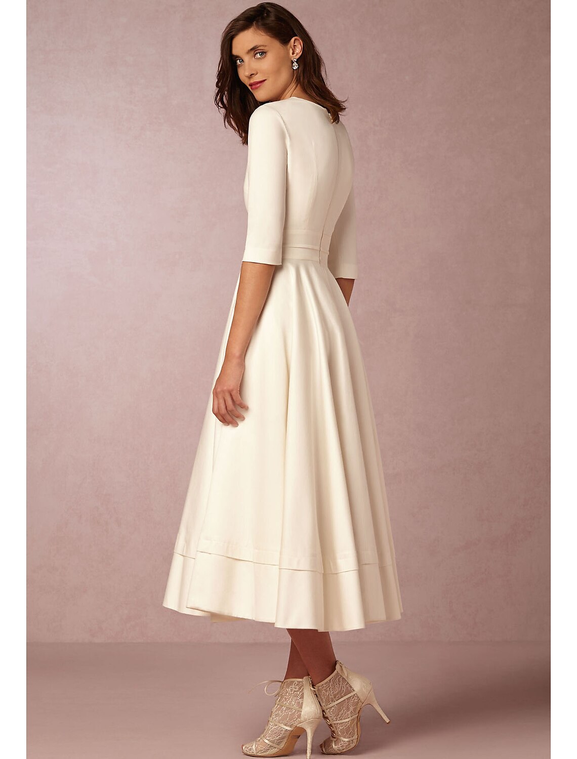 A-Line Special Occasion Dresses Party Dress Holiday Wedding Guest Tea Length Half Sleeve V Neck Pocket Jersey with Pleats White & Ivory ship in 48 hours by YiHuiw
