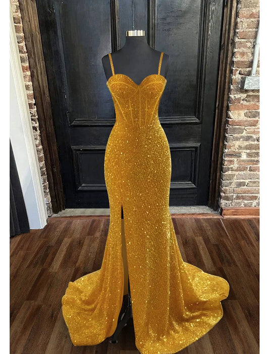 Mermaid / Trumpet Prom Dresses Sparkle & Shine Dress Formal Prom Sweep / Brush Train Sleeveless Sweetheart Sequined Backless with Sequin Slit by YiHuiw