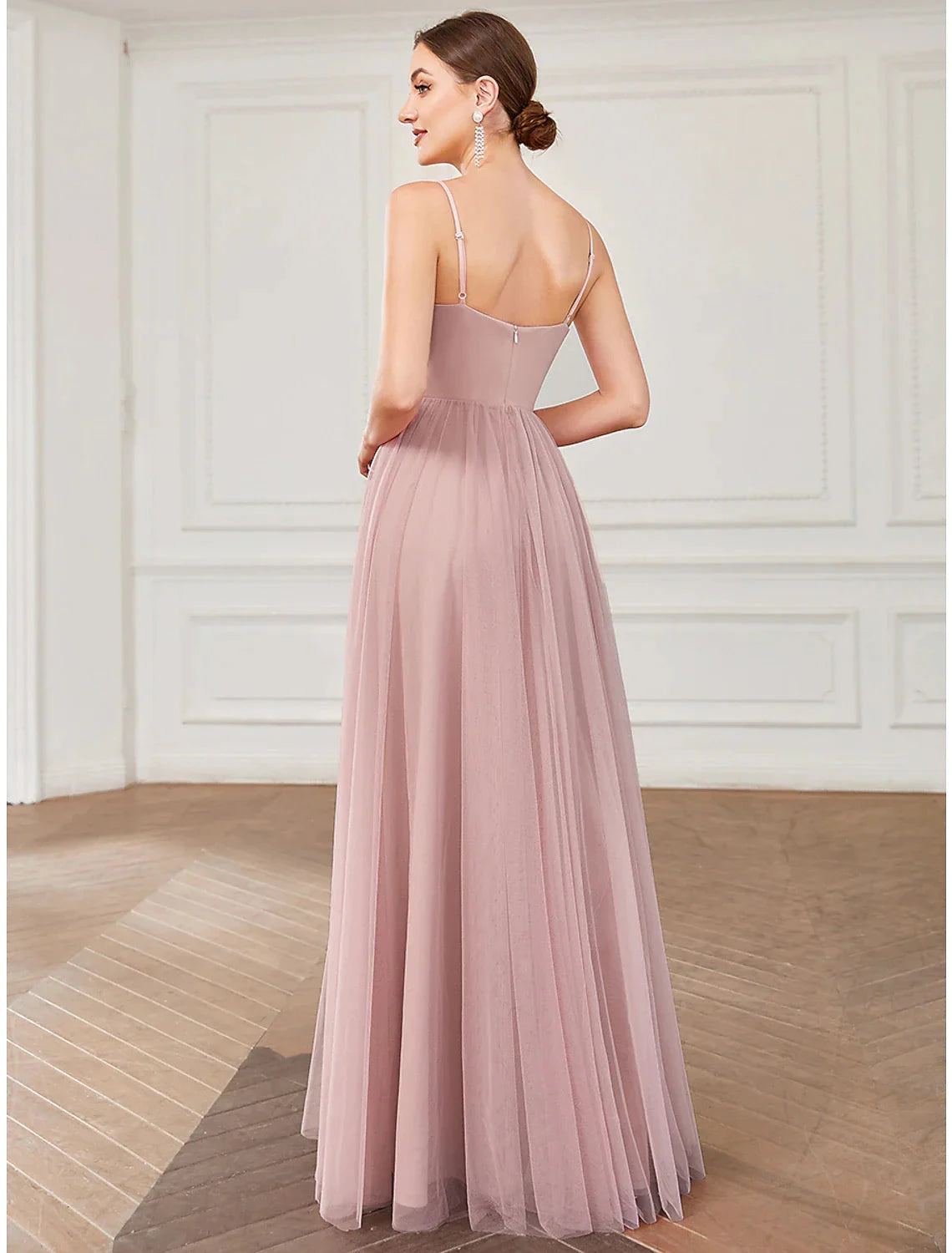 A-Line Prom Dresses Vintage Dress Wedding Guest Floor Length Sleeveless V Neck Tulle V Back with Pleats Draping by YiHuiw