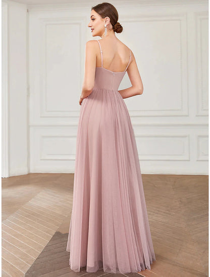 A-Line Prom Dresses Vintage Dress Wedding Guest Floor Length Sleeveless V Neck Tulle V Back with Pleats Draping by YiHuiw