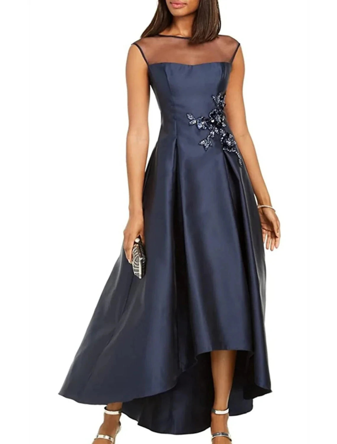 A-Line Wedding Guest Party Dress Elegant Dress Black Tie Asymmetrical Sleeveless Jewel Neck Fall Wedding Guest Satin with Pleats Appliques by YiHuiw