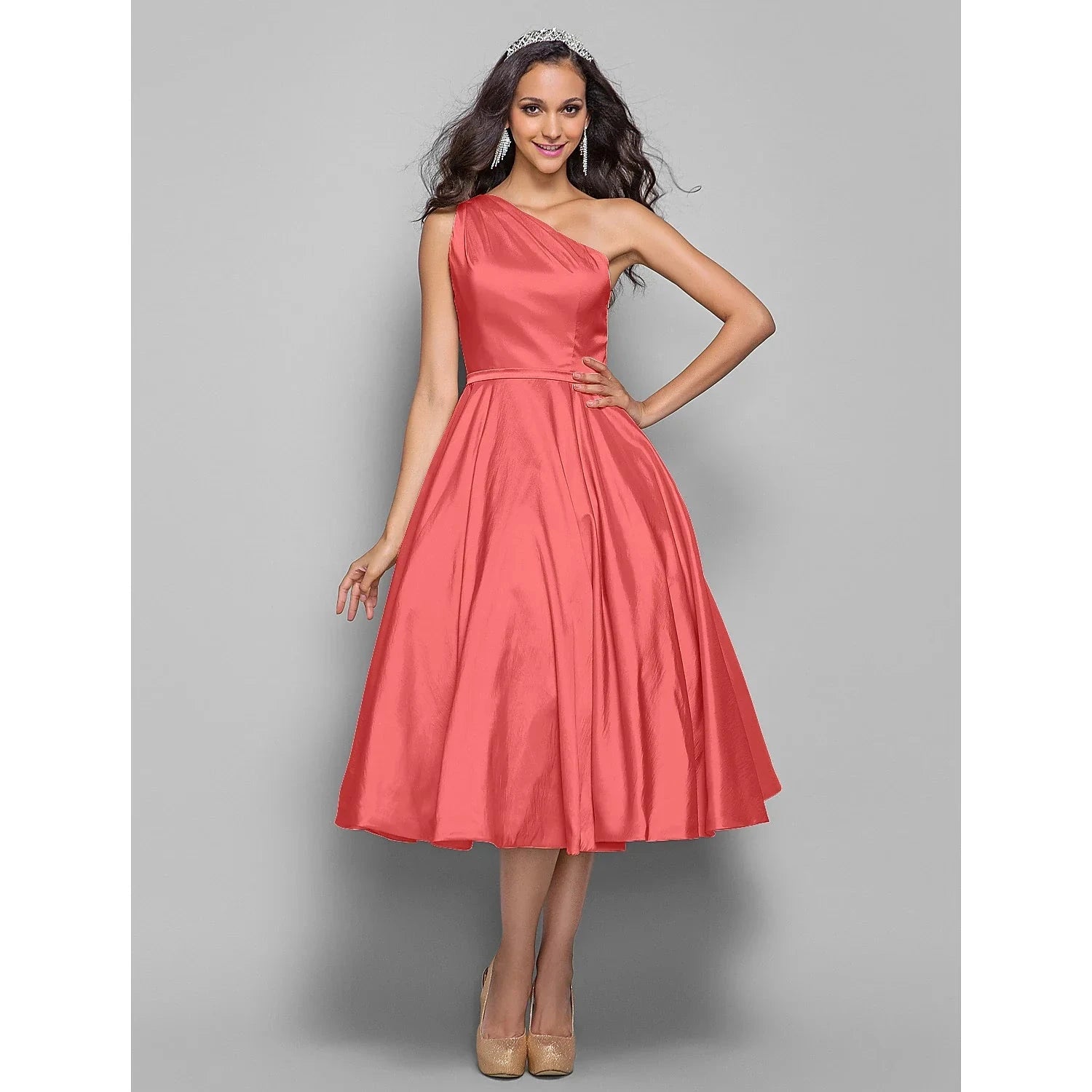 A-Line Minimalist Elegant Cocktail Party Wedding Party Dress One Shoulder Sleeveless Tea Length Taffeta with Sash / Ribbon by YiHuiw