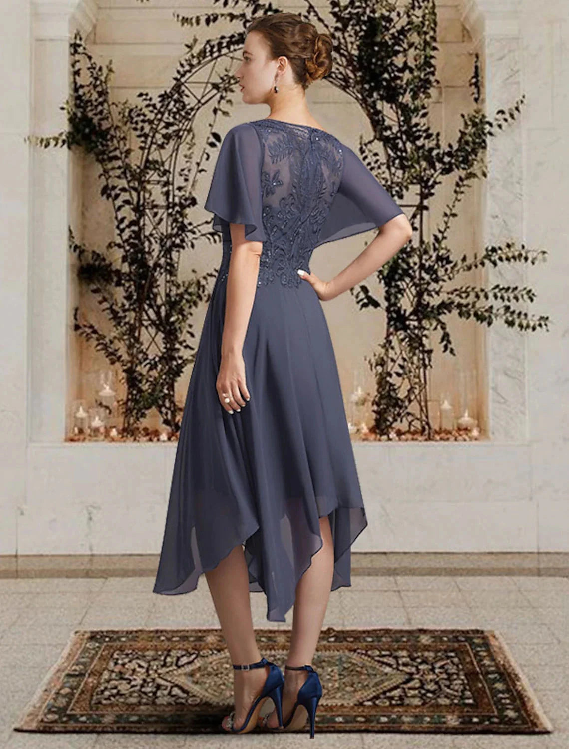 A-Line Mother of the Bride Dress Elegant High Low Jewel Neck Asymmetrical Tea Length Chiffon Lace Short Sleeve with Appliques by YiHuiw