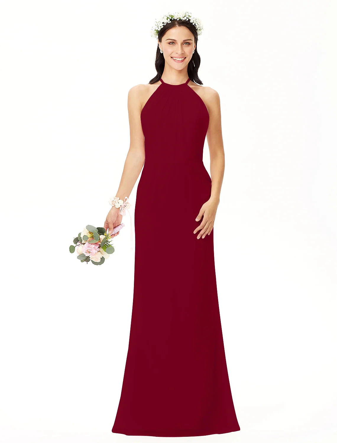 Sheath / Column Bridesmaid Dress Jewel Neck Sleeveless Elegant Floor Length Chiffon with Pleats by YiHuiw