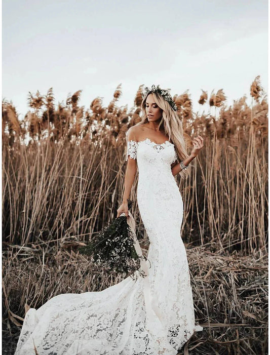 Beach Boho Wedding Dresses Mermaid / Trumpet Off Shoulder Cap Sleeve Chapel Train Lace Bridal Gowns With Appliques Solid Color Summer Wedding Party by YiHuiw
