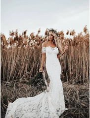 Beach Boho Wedding Dresses Mermaid / Trumpet Off Shoulder Cap Sleeve Chapel Train Lace Bridal Gowns With Appliques Solid Color  Summer Wedding Party
