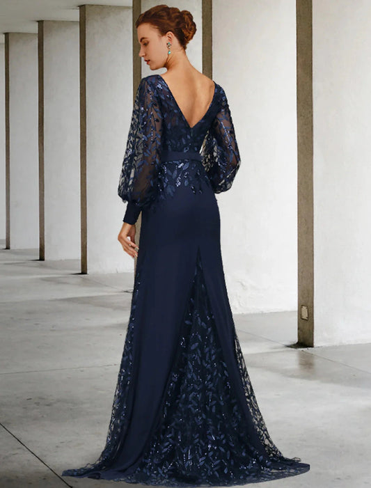 Mermaid / Trumpet Mother of the Bride Dress Wedding Guest Vintage Elegant Jewel Neck Sweep / Brush Train Chiffon Lace Long Sleeve with Sequin Ruffles Fall by YiHuiw