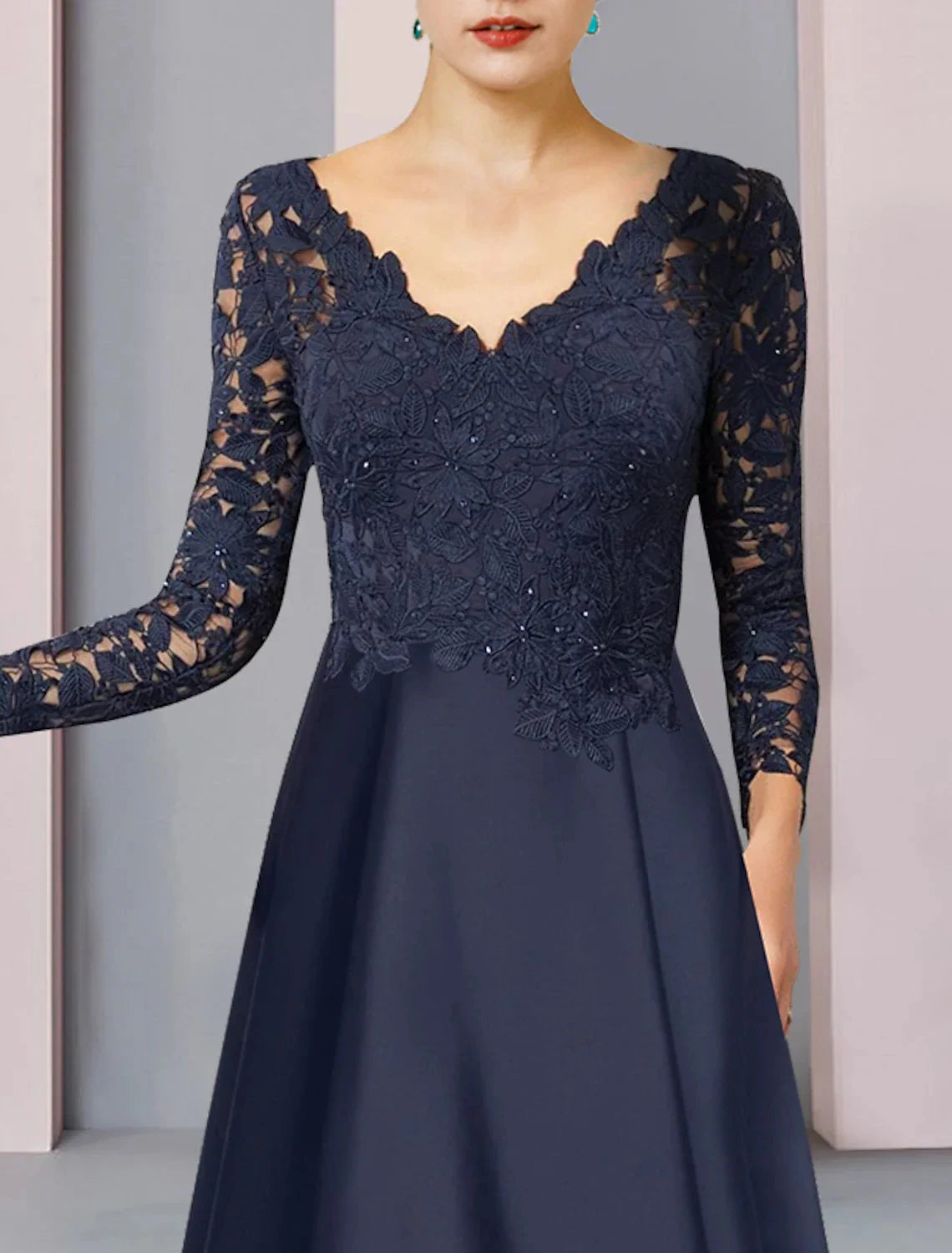 A-Line Mother of the Bride Dress Formal Wedding Guest Elegant High Low V Neck Asymmetrical Tea Length Satin Lace Long Sleeve with Pleats Appliques by YiHuiw