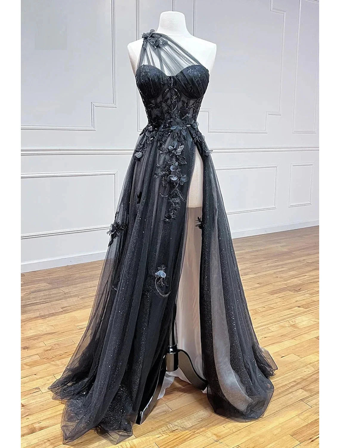 A-Line Prom Dresses Color Block Dress Formal Wedding Guest Sweep / Brush Train Sleeveless One Shoulder Tulle Backless with Pleats Appliques by YiHuiw