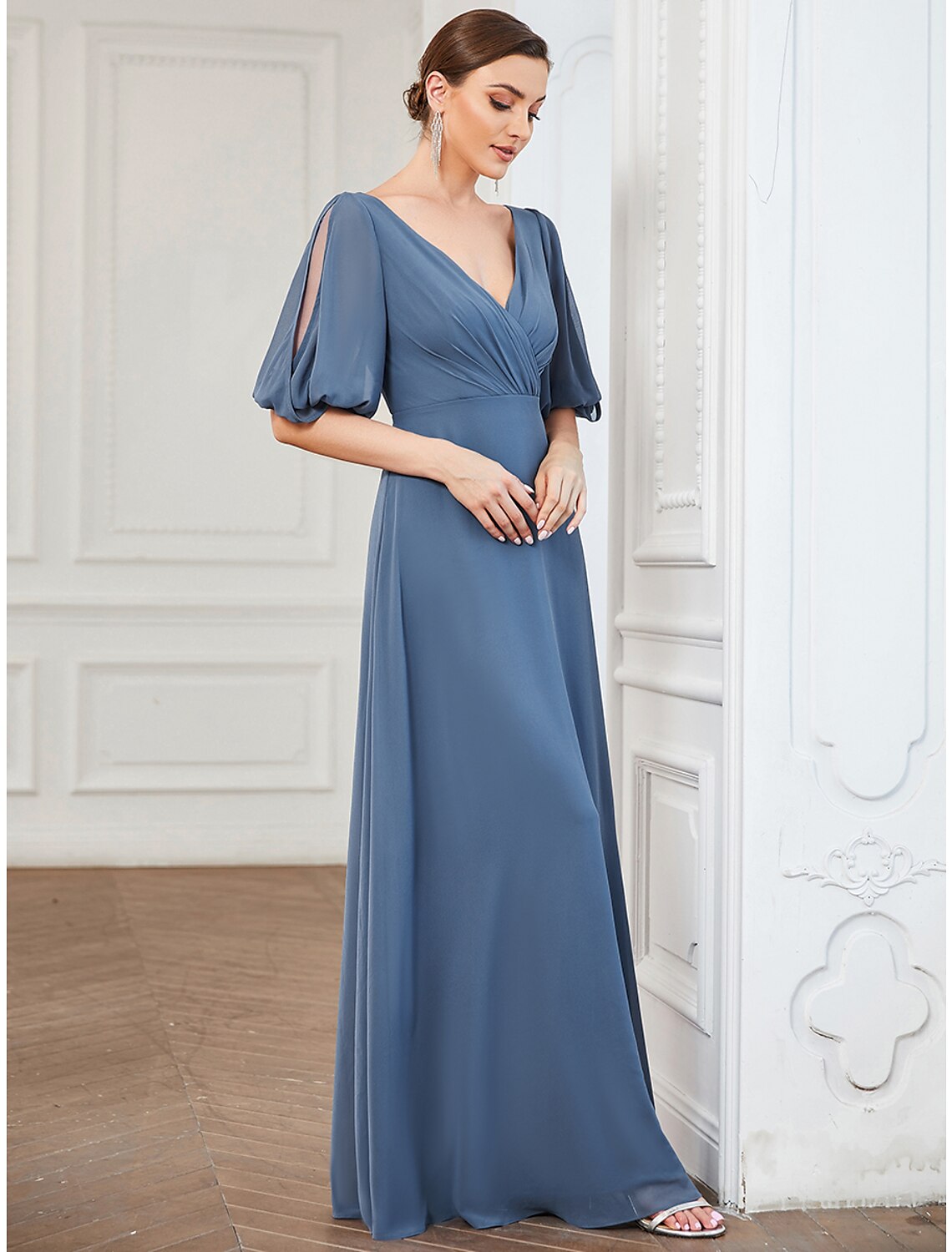 A-Line Evening Gown Minimalist Dress Wedding Guest Prom Floor Length Half Sleeve V Neck Chiffon with Pleats by YiHuiw