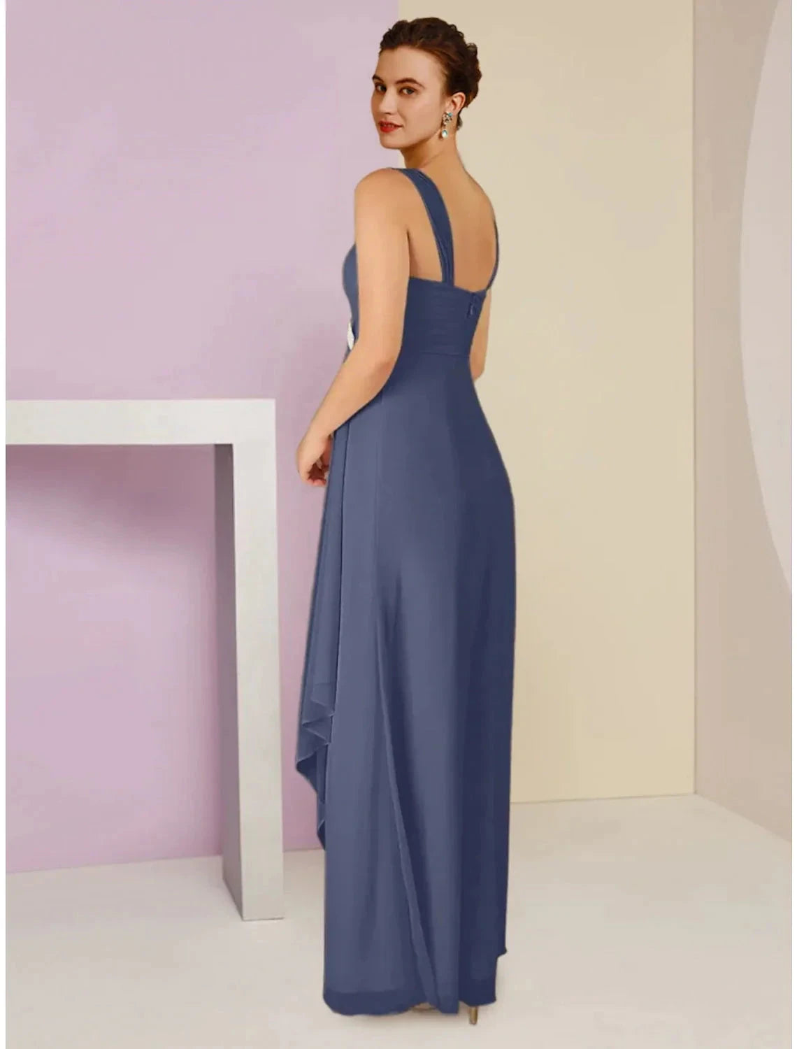 A-Line Mother of the Bride Dress Wedding Guest Elegant Square Neck Ankle Length Chiffon Long Sleeve with Crystal Brooch Ruching by YiHuiw