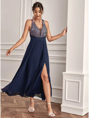 A-Line Wedding Guest Dresses Sparkle & Shine Dress Holiday Ankle Length Sleeveless V Neck Sequined with Sequin Slit