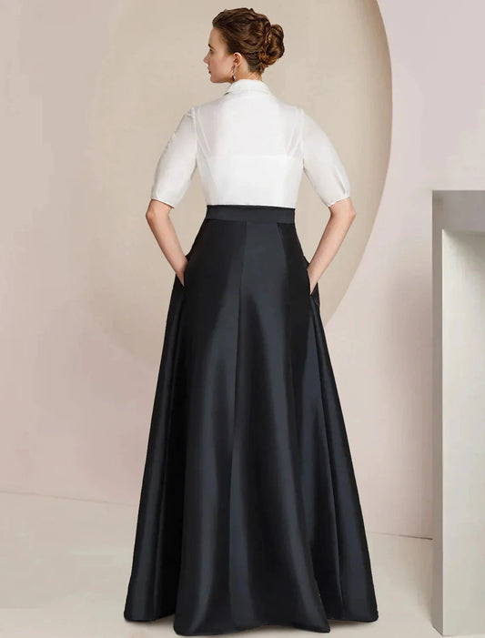 A-Line Mother of the Bride Dress Formal Wedding Guest Party Elegant Shirt Collar Floor Length Taffeta Short Sleeve with Bow(s) Color Block by YiHuiw