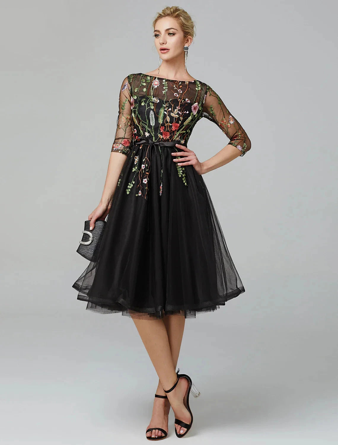 A-Line Black Dress Vintage Wedding Guest Cocktail Party Knee Length Long Sleeve Illusion Neck Wednesday Addams Family Tulle with Embroidery Appliques by YiHuiw