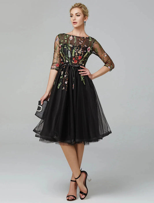 A-Line Black Dress Vintage Wedding Guest Cocktail Party Knee Length Long Sleeve Illusion Neck Wednesday Addams Family Tulle with Embroidery Appliques by YiHuiw