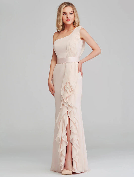 Sheath / Column Bridesmaid Dress One Shoulder Sleeveless Elegant Long Length Chiffon with Cascading Ruffles by YiHuiw