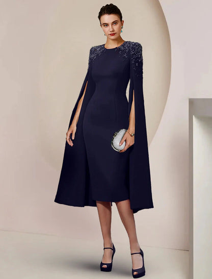Sheath / Column Mother of the Bride Dress Formal Wedding Guest Elegant Scoop Neck Knee Length Chiffon Long Sleeve with Beading by YiHuiw