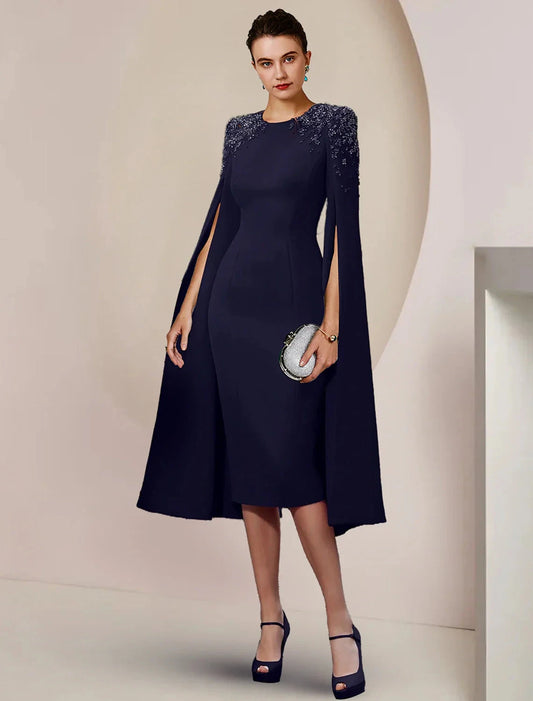Sheath / Column Mother of the Bride Dress Formal Wedding Guest Elegant Scoop Neck Knee Length Chiffon Long Sleeve with Beading by YiHuiw