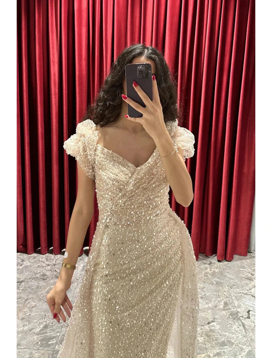 Sheath / Column Evening Gown Sparkle & Shine Dress Formal Fall Sweep / Brush Train Short Sleeve V Neck Sequined with Glitter Ruched by YiHuiw