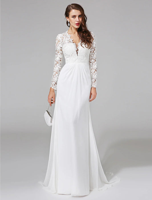 Beach Royal Style Boho Wedding Dresses Sheath / Column Illusion Neck Long Sleeve Sweep / Brush Train Chiffon Bridal Gowns With Lace Button Summer Wedding Party, Women's Clothing