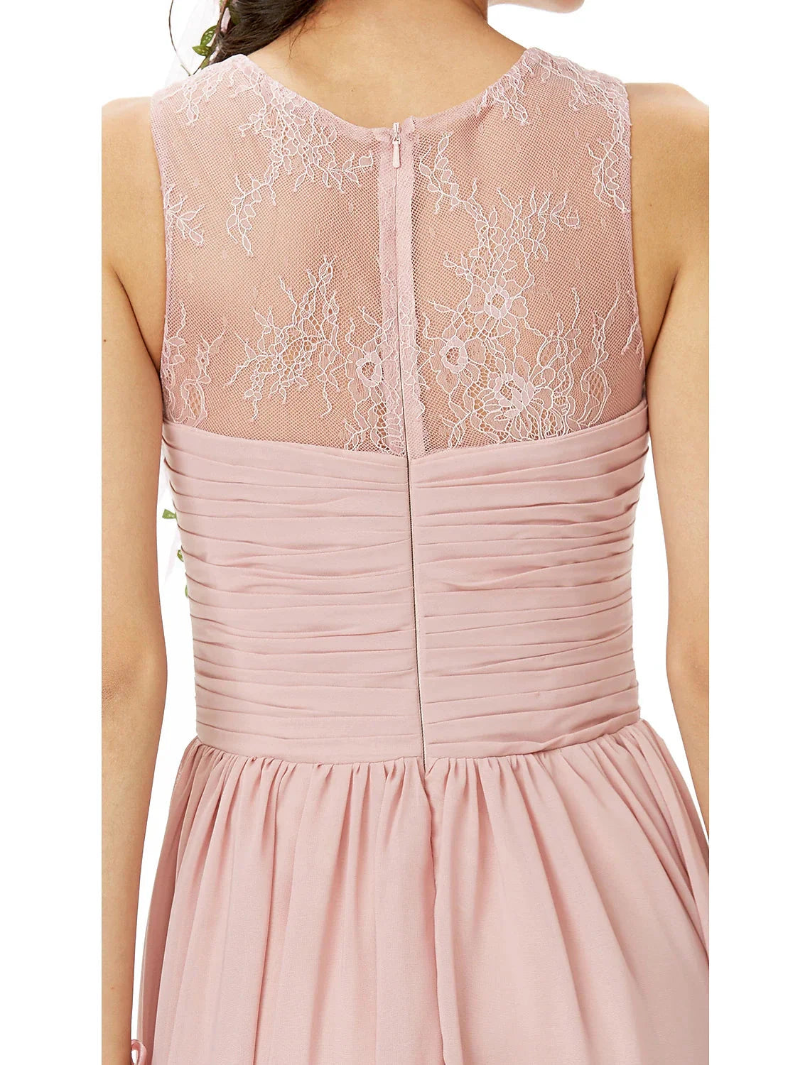 A-Line Bridesmaid Dress Jewel Neck Sleeveless See Through Floor Length Chiffon / Lace with Lace / Criss Cross / Pleats by YiHuiw