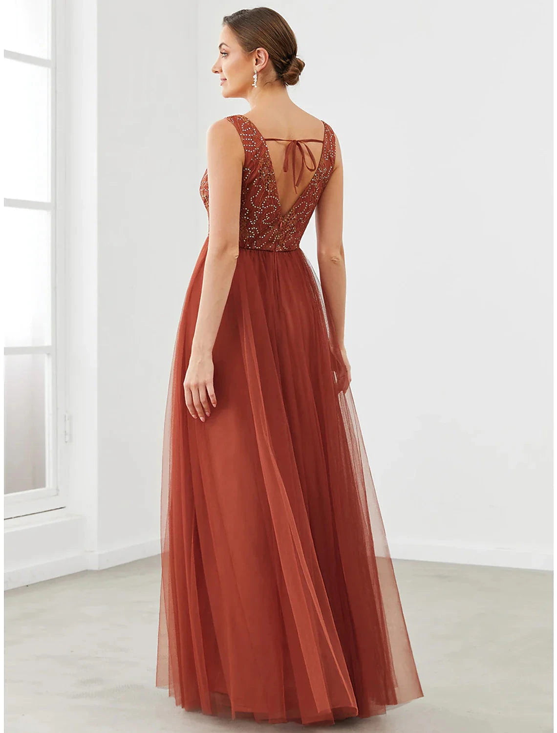 A-Line Prom Dresses Sparkle & Shine Dress Homecoming Wedding Guest Floor Length Sleeveless V Neck Tulle with Draping Splicing by YiHuiw
