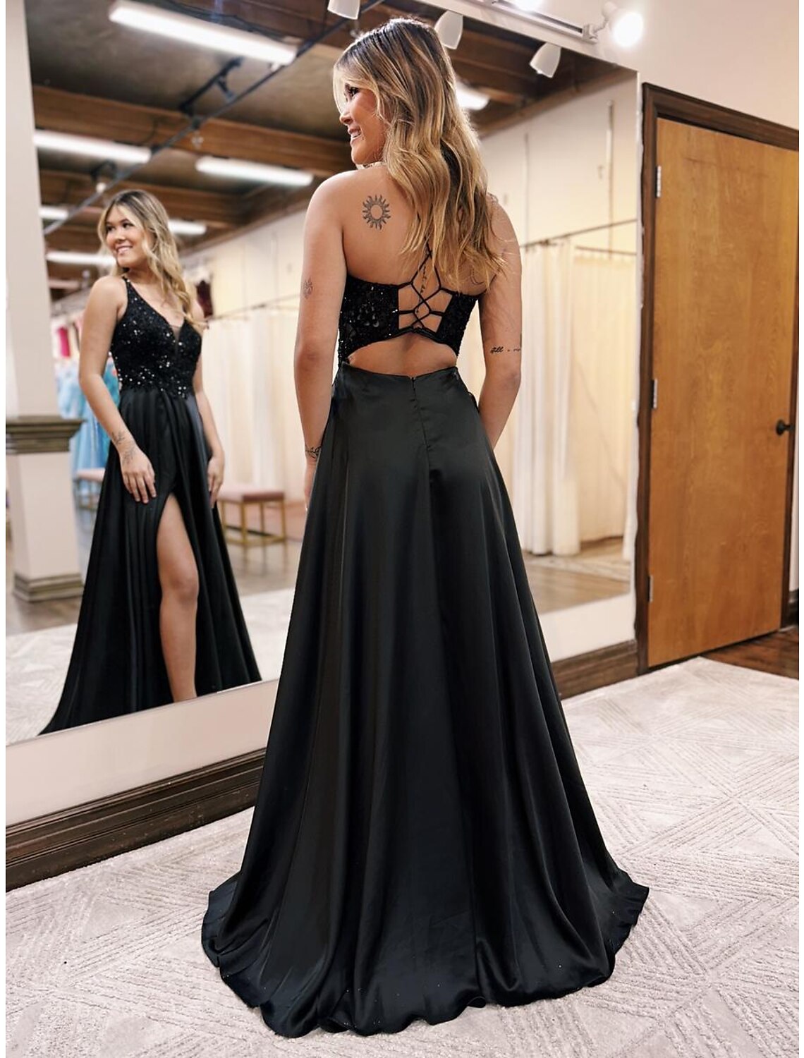 A-Line Evening Gown Empire Dress Formal Floor Length Sleeveless V Neck Pocket Satin Backless with Beading Appliques by YiHuiw