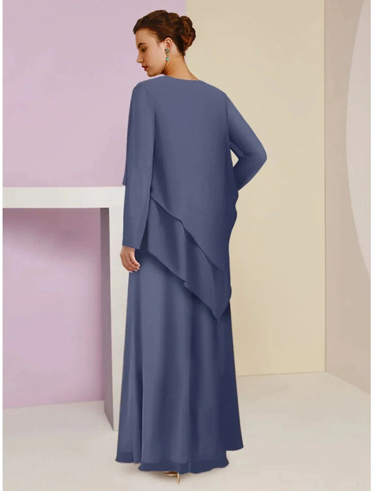 A-Line Mother of the Bride Dress Wedding Guest Elegant Square Neck Ankle Length Chiffon Long Sleeve with Crystal Brooch Ruching by YiHuiw