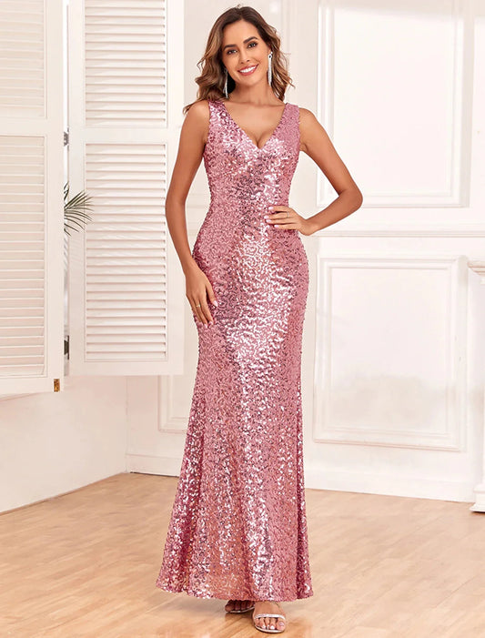 Mermaid / Trumpet Evening Gown Elegant Dress Evening Party Prom Floor Length Sleeveless V Neck Bridesmaid Dress Sequined Backless with Sequin by YiHuiw