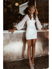 Women's Prom Dress Party Dress Sequin Dress Mini Dress Black White Khaki Long Sleeve Pure Color Sequins Spring Fall Winter Crew Neck Fashion Party Winter Dress Birthday