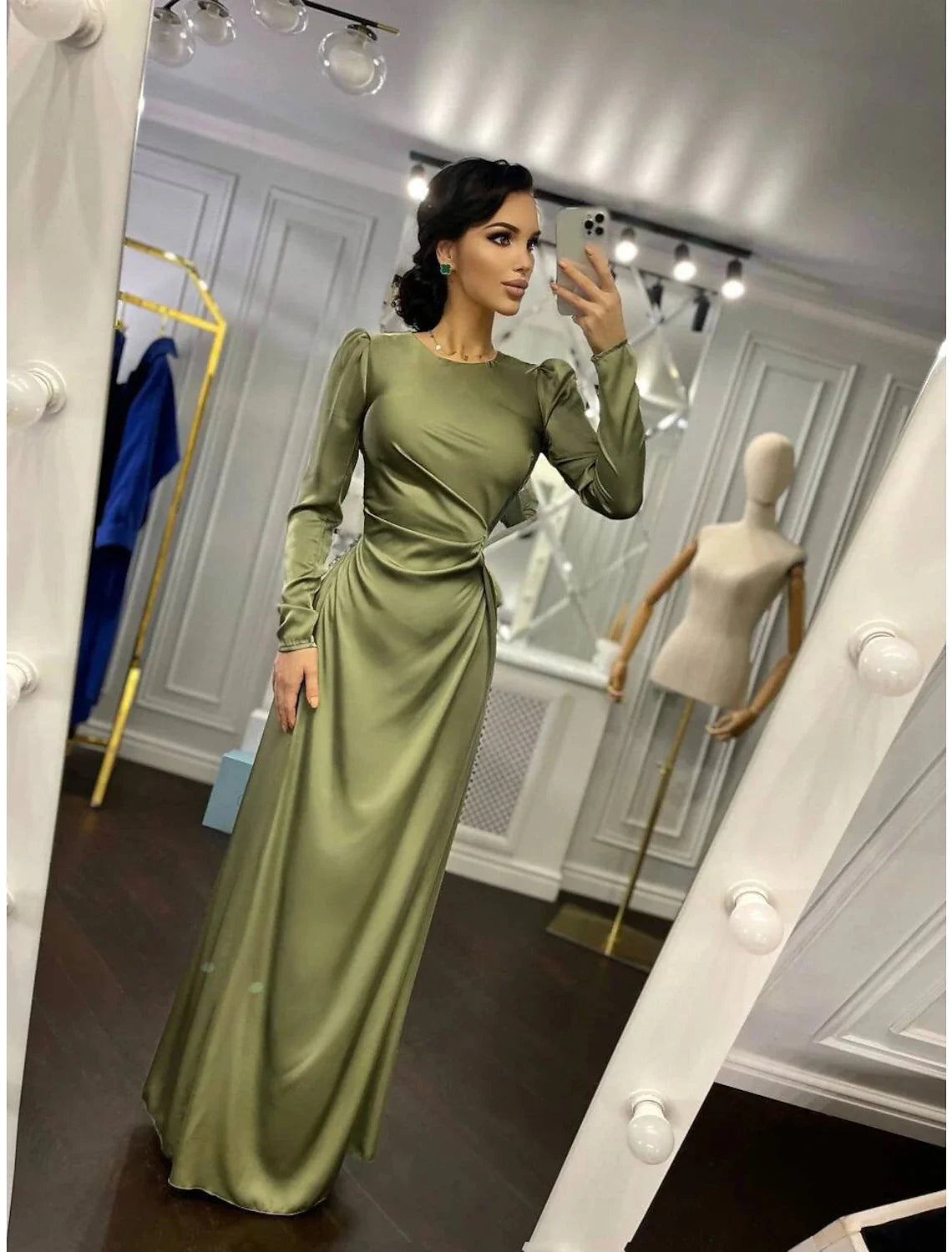 Sheath Party Dress Evening Gown Elegant Dress Wedding Guest Fall Floor Length Long Sleeve High Neck Bridesmaid Dress Satin with Ruched by YiHuiw