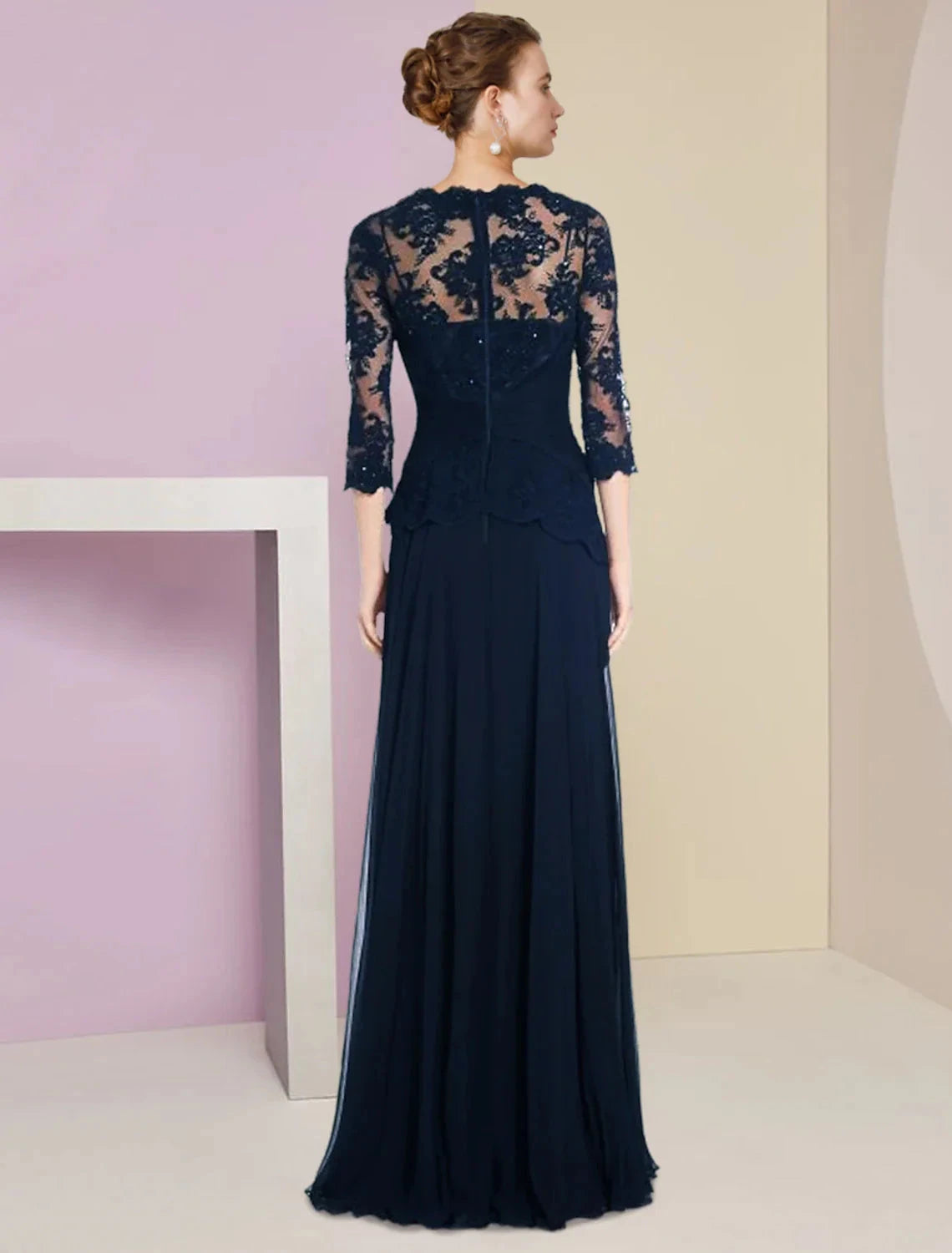 A-Line Mother of the Bride Dress Formal Wedding Guest Elegant Scoop Neck Floor Length Chiffon Lace Half Sleeve with Pleats Appliques Crystal Brooch by YiHuiw