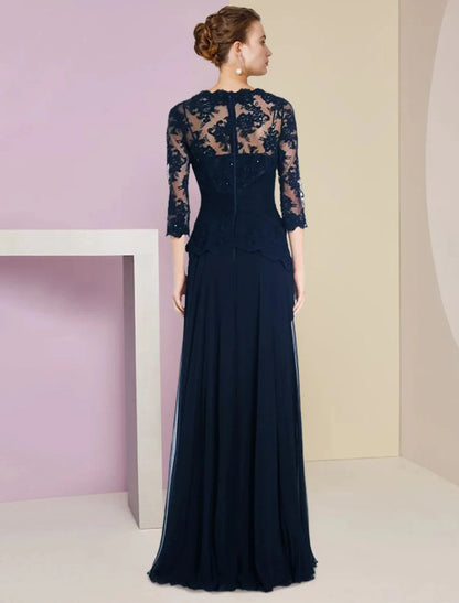 A-Line Mother of the Bride Dress Formal Wedding Guest Elegant Scoop Neck Floor Length Chiffon Lace Half Sleeve with Pleats Appliques Crystal Brooch by YiHuiw