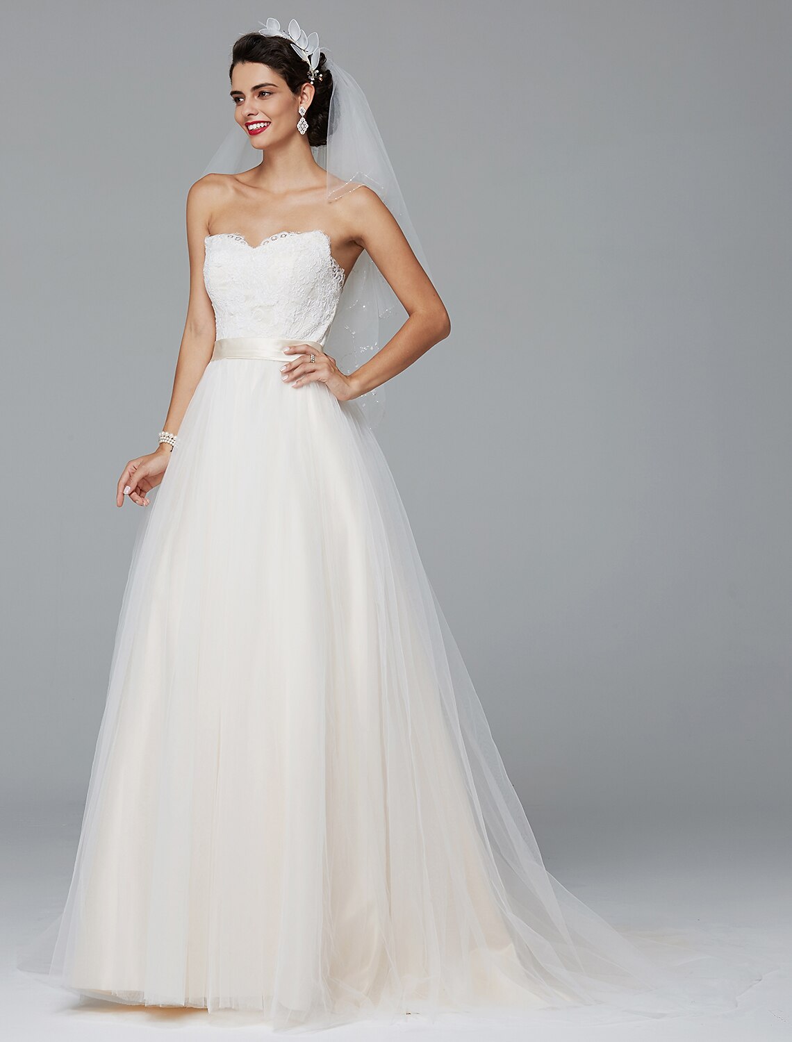 A-Line Wedding Dresses Sweetheart Neckline Court Train Lace Tulle Sleeveless Wedding Dress in Color with Sash / Ribbon Buttons by YiHuiw