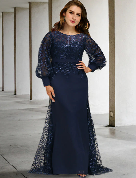 Mermaid / Trumpet Plus Size Curve Mother of the Bride Dresses Vintage Dress Formal Sweep / Brush Train Long Sleeve Jewel Neck Chiffon with Sequin Ruffles