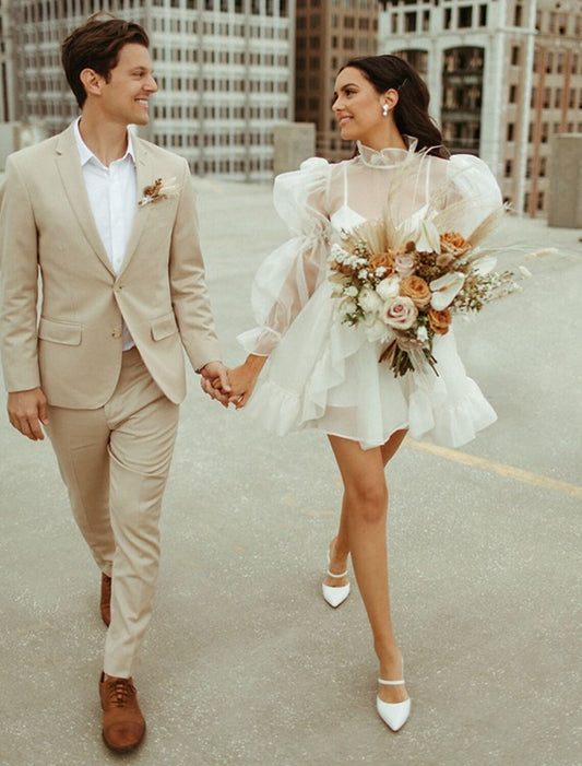 Reception Little White Dresses Wedding Dresses A-Line High Neck Long Sleeve Short / Mini Organza Bridal Gowns With Pick Up Skirt by YiHuiw