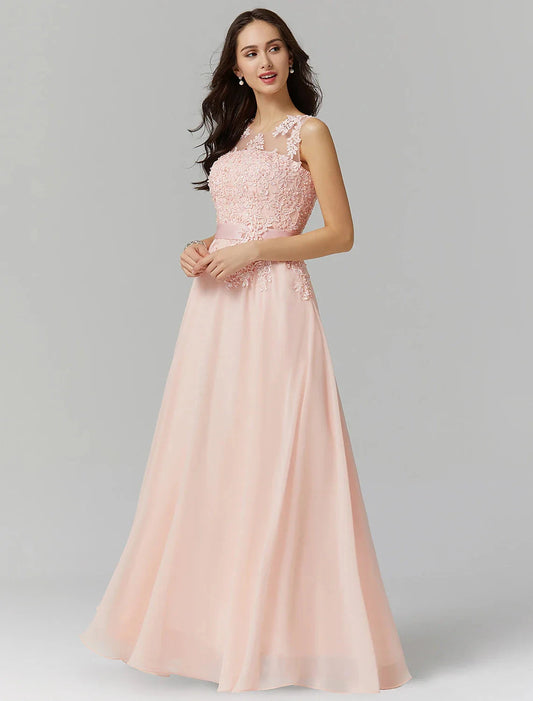 A-Line Bridesmaid Dress Jewel Neck Sleeveless Elegant Floor Length Chiffon / Lace with Appliques by YiHuiw
