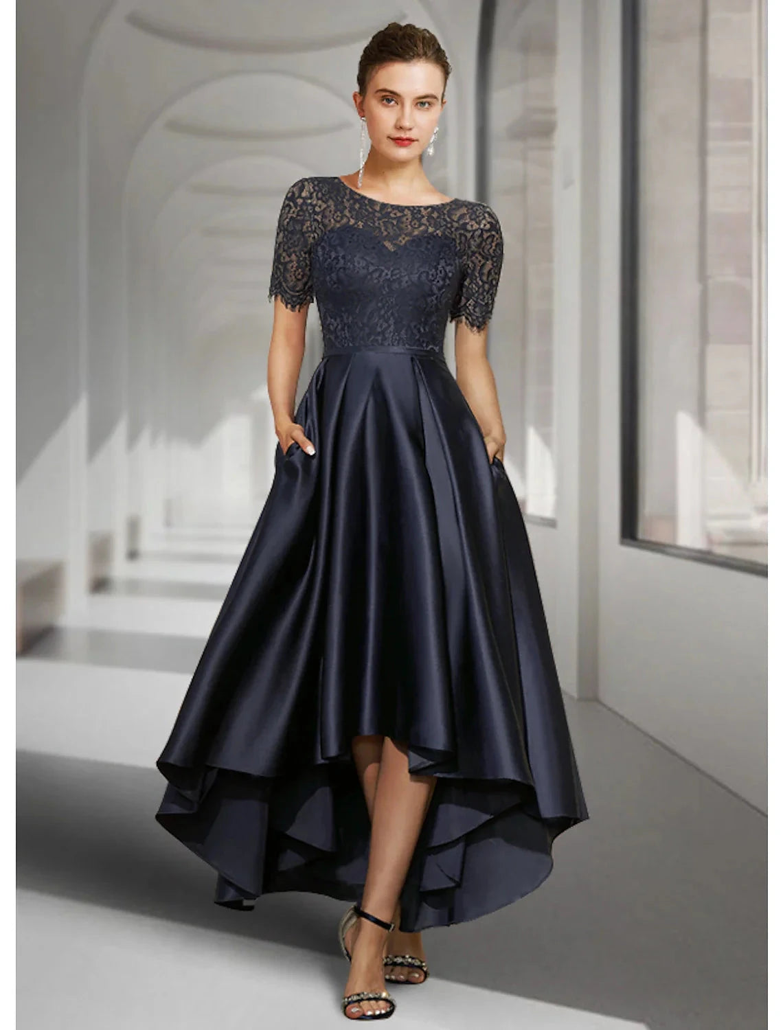 A-Line Mother of the Bride Dress Fall Wedding Guest Elegant High Low Jewel Neck Asymmetrical Tea Length Satin Lace Short Sleeve with Pleats by YiHuiw