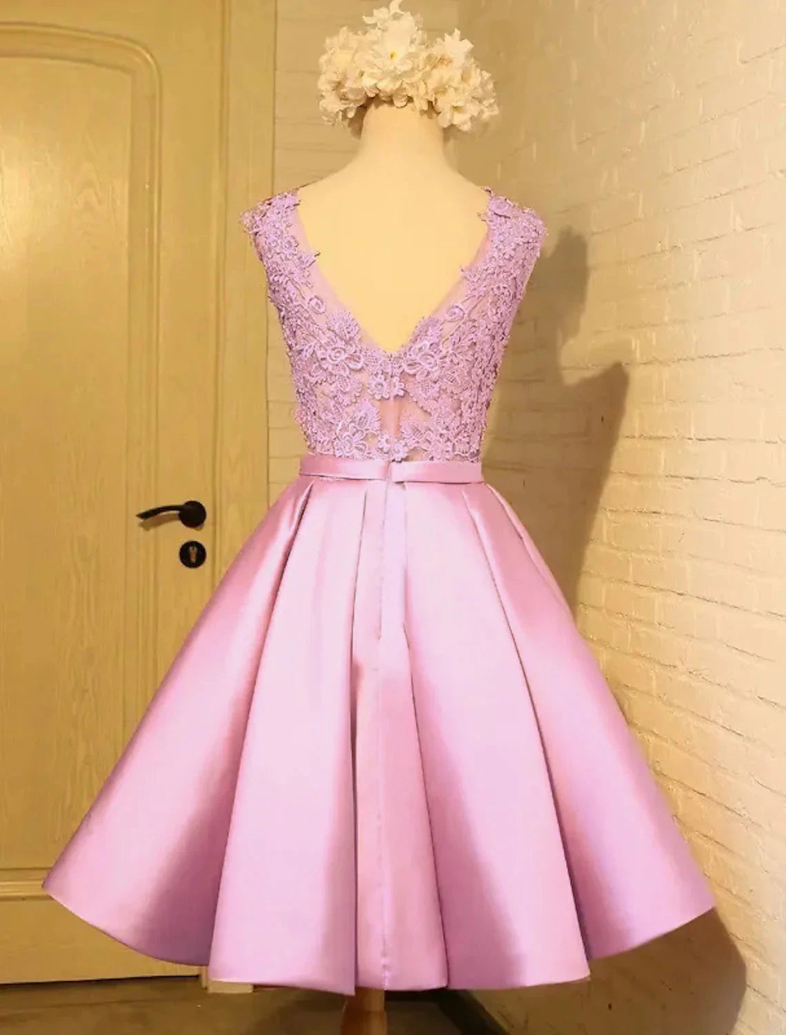 A-Line Lace Homecoming Dresses Open Back Dress Prom Knee Length Sleeveless Jewel Neck Satin with Butterfly by YiHuiw