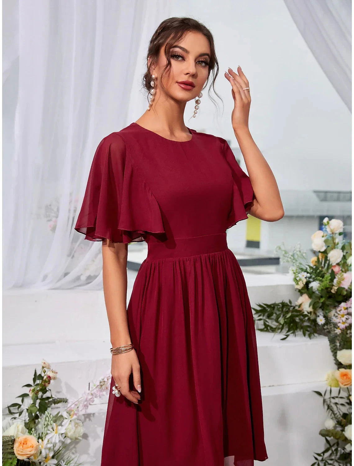 A-Line Wedding Guest Dresses Elegant Dress Holiday Knee Length Short Sleeve Jewel Neck Chiffon with Pleats Ruffles by YiHuiw
