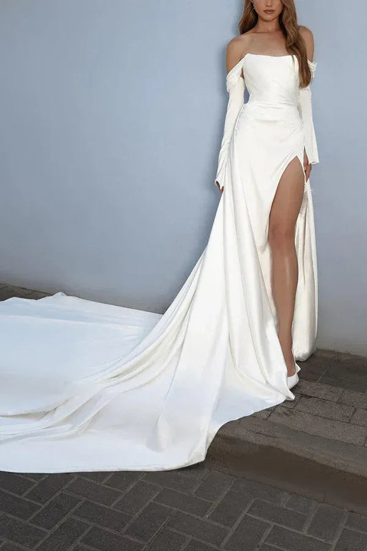 A-Line High Slit Floor-Length Wedding Dress - Yihuiw by Yihuiw