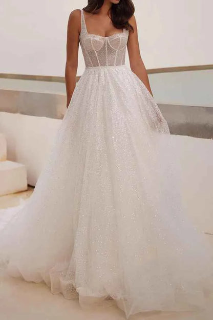 A-Line Square Neck Lace-Up Back Floor-Length Wedding Dress - Yihuiw by Yihuiw
